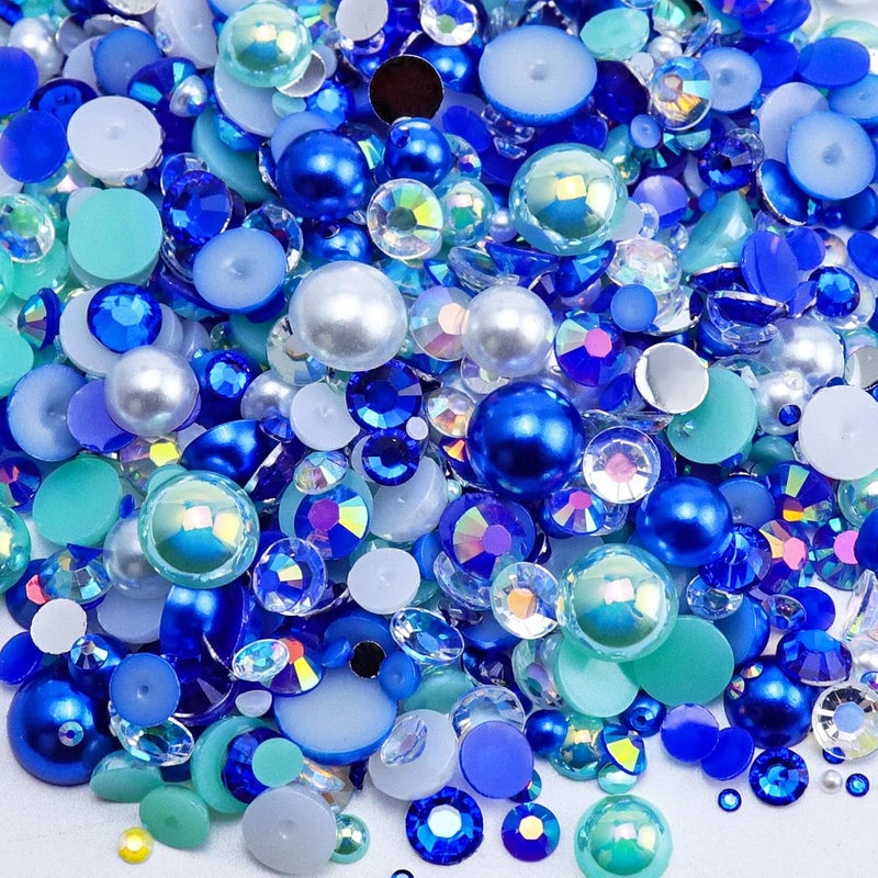 Briskbloom 60g Mix Flatback Pearls and Rhinestones for Crafts, 2mm-10mm Blue Green White for Nail Face Art Tumblers, Jelly Rhinestones and Half Pearls, With Tweezers Wax Pen - Image 1